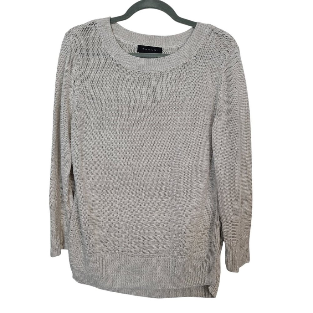 Tahari 100% Linen Women's XL Loose Knit Sweater Beige Spring Summer Comfort